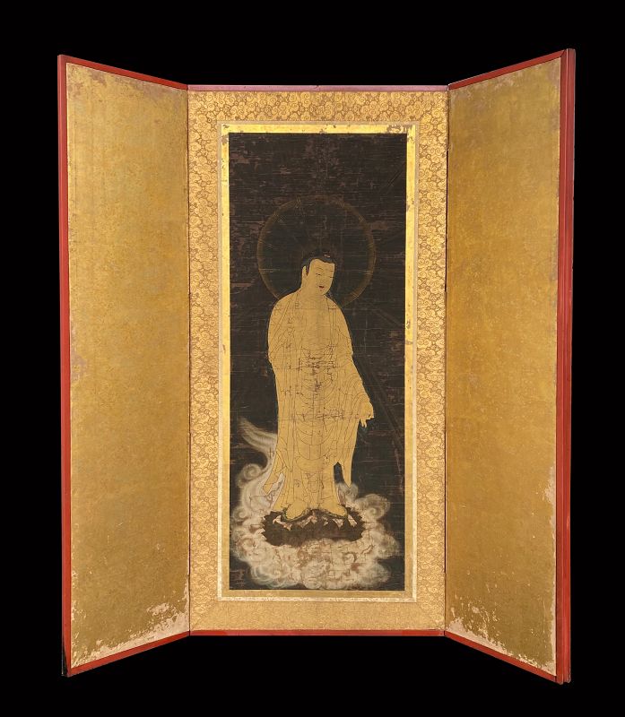 Rare Japanese Antique Screen Painting of Amida Buddha