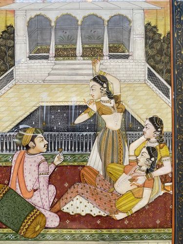 Indian Miniature Painting of Harem Scene, Moghal 18th Century