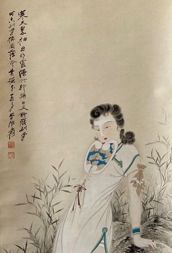 Chinese scroll Painting of a Beautiful Lady with Fan by Zhang Daqian