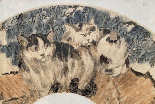 Chinese Fan Painting of Cats by Xu Beihong