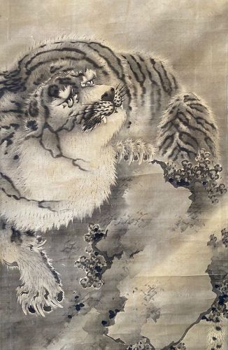 Japanese Antique Scroll Painting of a Tiger on Rocks