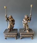 Japanese Antique Bronze Pair of Warrior Attendants