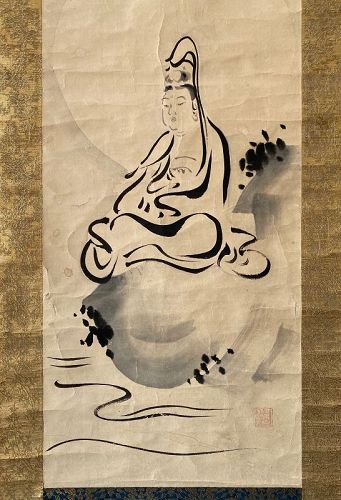 Japanese Antique Scroll Painting of Seated Kannon Bosatsu