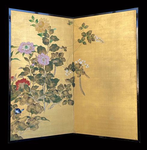Japanese Antique 2-Panel Screen Painting with Flowers on Gold