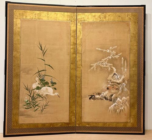 "Auspicious First Frost" Japanese two panel screen Herons and Ducks