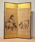 Japanese Two Panel Screen Sumi with Horses