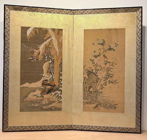 "First Frost" Japanese Two Panel screen Ducks & Song Birds