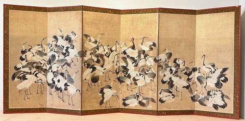 "100 Cranes" Gold Gilt Japanese Six Panel Screen