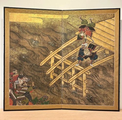 Yoshitsune Minamoto Defeats Benkei on Gojo Bridge, 2-Panel Screen