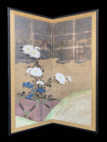 Japanese Antique 2-Panel Screen Painting with Chrysanthemums