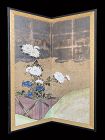 Japanese Antique 2-Panel Screen Painting with Chrysanthemums