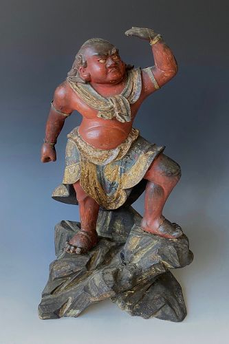 Japanese Antique Polychrome Wooden Figure of a Buddhist Guardian