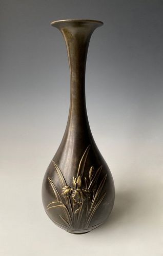 Japanese Antique Bronze Vase with Irises