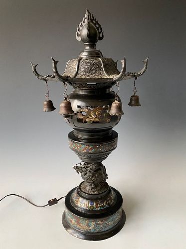 Japanese Antique Bronze Buddhist Lantern with Cloisonne