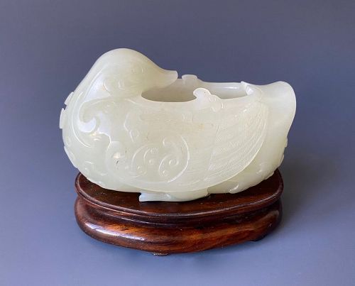 Chinese Antique Jade Carved Duck Water Coupe