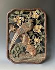 Japanese Antique Polychrome Carved Wooden Panel of Pheasants