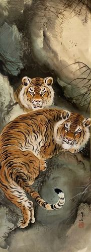 Japanese Antique Scroll Painting of Tigers