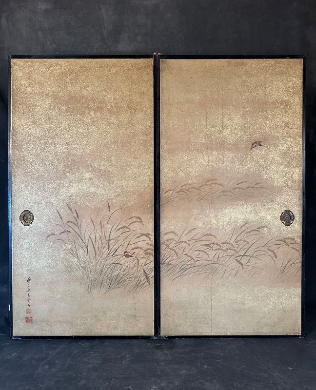 Pair EdoPeriod Painted Fusuma Interior Doors