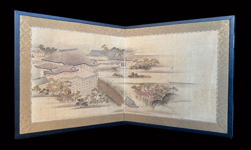 Antique Japanese Small Screen Painting of Kiyomizu-dera Temple