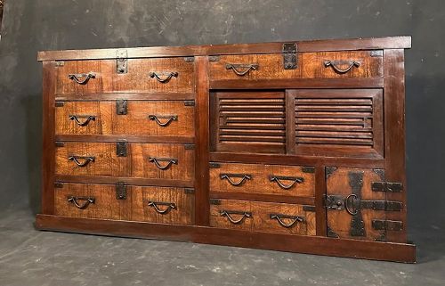 Antique Japanese Large Merchant Chest Choba Tansu Keyaki Meiji