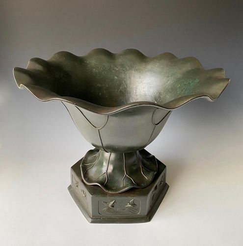 Japanese Antique Large Bronze Lotus Vase