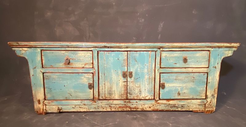 Antique Chinese Long Low Buffet Cabinet Turquoise Worn Finish