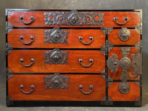 Antique Japanese Sendai Tansu Chest Keyaki Meiji