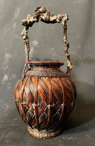 Antique Japanese Ikebana Bamboo Basket Wisteria Handle