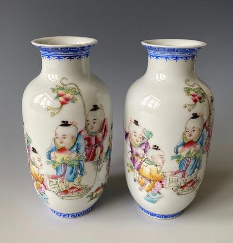 Chinese Antique Pair of Small Porcelain Vases with Children