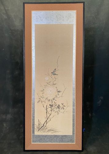 Antique Japanese Painting Songbird Pair on Peony Tree