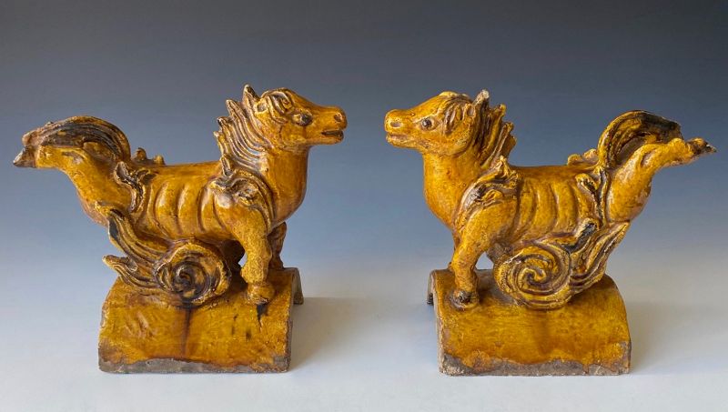 Chinese Antique Pair of Horse Roof Tiles