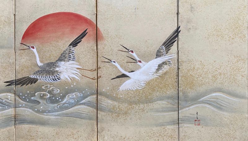 Japanese Antique Small Screen Painting of Cranes
