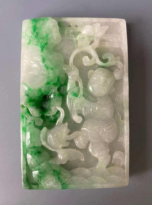 Chinese Nephrite Jade Pendant with Boy and Fish