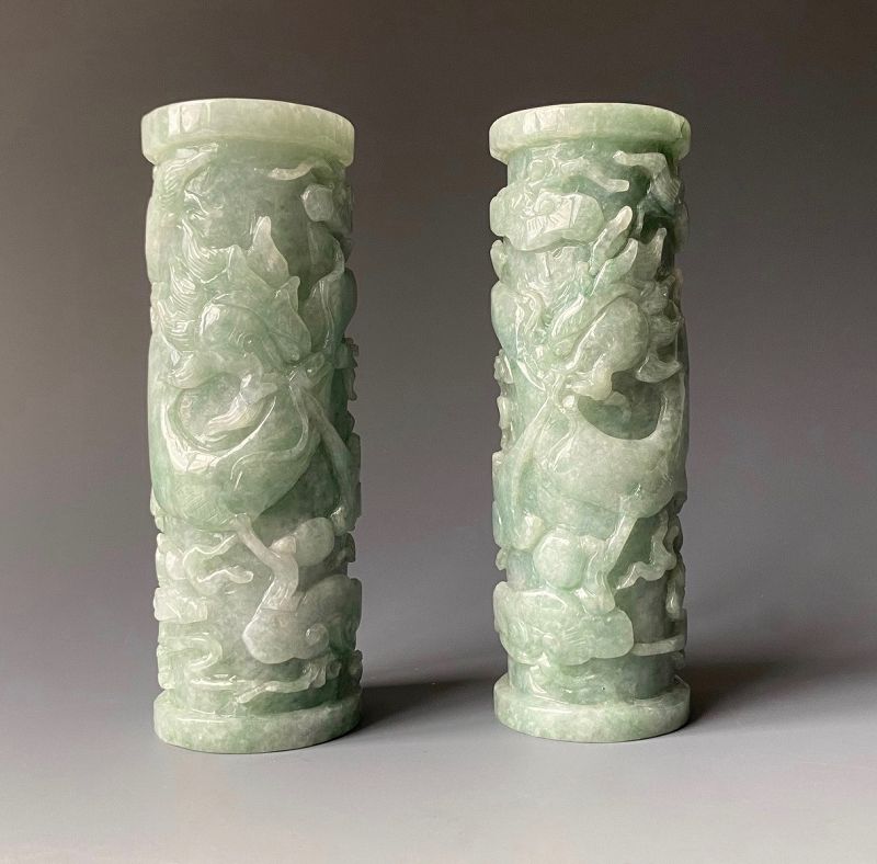 Chinese Jade Dragon Cylinders Pair