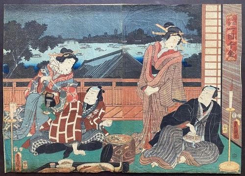 Kunisada (Toyokuni III ) Diptych of Beauties Entertaining Men