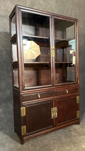 20th C. Chinese Two section Glass Rosewood Cabinet