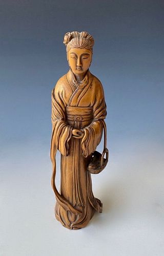 Chinese Antique Yulan Guanyin Carved Wooden Figure