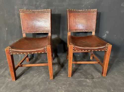 Arts & Crafts Oak Pair of Chairs Old West Embossed Leather