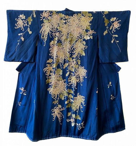 Japanese Antique Kimono with Embroidered Chrysanthemums