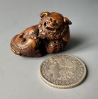 Antique Japanese Fudog & Baby Boxwood Netsuke