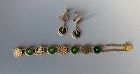 Chinese Vintage Jade and Gold Bracelet and Earrings