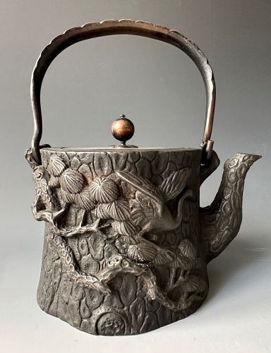 Antique Japanese Iron Tetsubin Teapot Pine & Crane