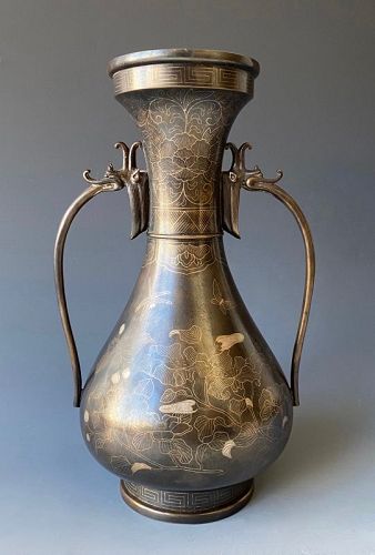 Japanese Antique Bronze and Silver Vase