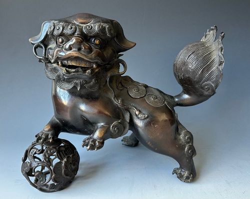 Playful Japanese Bronze Fu dug with Ball