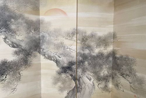 Japanese Pair of Screen Paintings with Pines