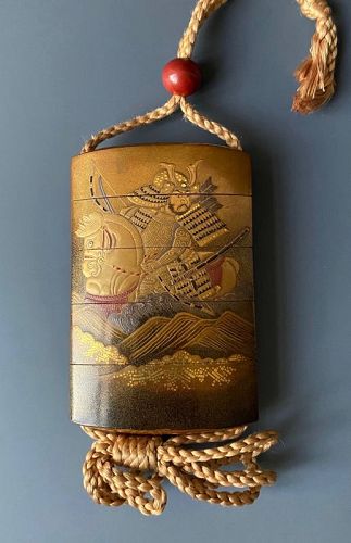 Japanese Antique Lacquer Inro with Samurai by Iizuka Toyo