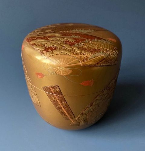 Japanese Antique Lacquer Tea Caddy with Fans