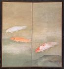 Japanese 2 Panel Screen Byobu 3 Carp Rinpa Painting