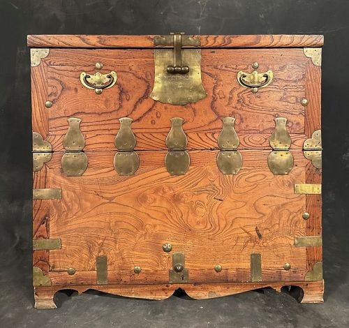 Antique Korean Bandaji Chest in Elm Burlwood with Brass Fittings