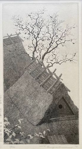 Japanese Framed Print of Huts and Persimmon Tree by Tanaka Ryohei
